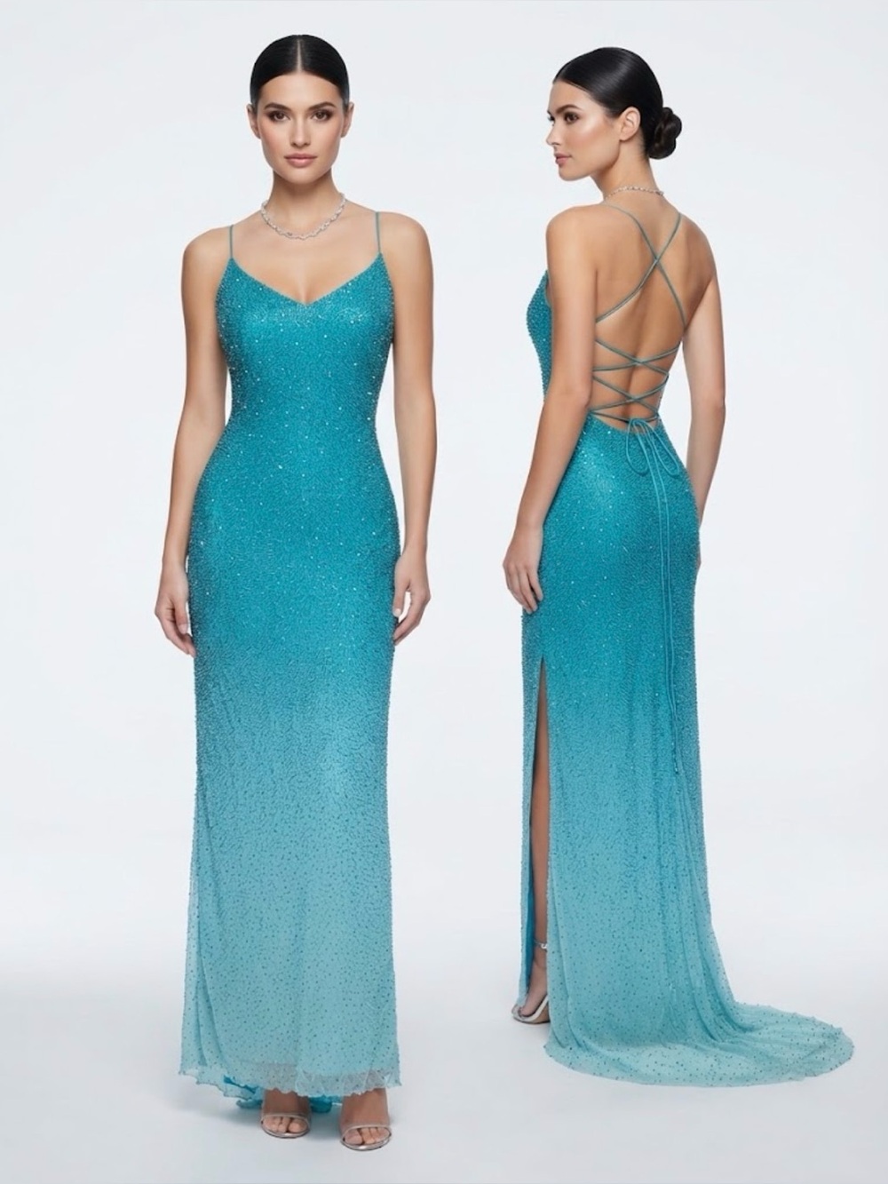 Vintage Alyce Designs Beaded Silk Formal Gown Dress Teal Blue Ombre Size 6 Y2K